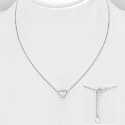Plain sterling silver heart slider necklace on a white display bust, with an inset showing the adjustable chain