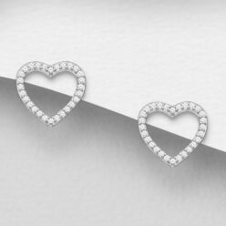 Sterling silver heart stud earrings, with cubic zirconia, on a grey display card