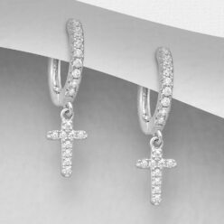Sterling silver hoops with cross dangly, on a grey display card