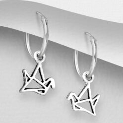 Sterling silver hoops with origami bird dangly (1.19cm), on a grey display card
