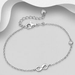 Sterling silver infinity bracelet with cubic zirconia, laid out to show the clasp and extension chain