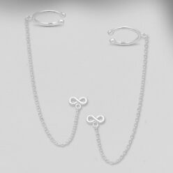 Sterling silver infinity stud earrings with ear cuffs, on a grey display card