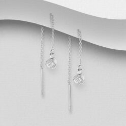 Sterling silver knot threader earrings, on a grey display card