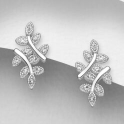 Sterling silver leaf branch stud earrings, on a grey display card