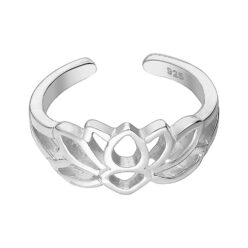 Single sterling silver ear cuff with an open lotus flower design on a white background