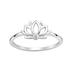 Sterling silver lotus ring, decorated with cubic zirconia, on a white background