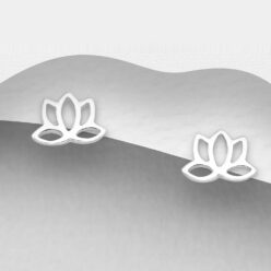 Sterling silver lotus stud earrings, on a grey display card