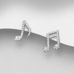 Sterling silver music note stud earrings with Cubic Zirconia, on a grey display card