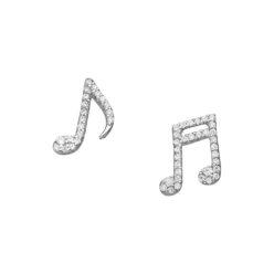 Sterling silver music note stud earrings with Cubic Zirconia, on a white background