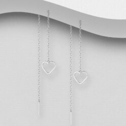 Sterling silver open heart threader earrings, on a grey display card