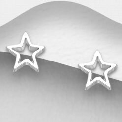 Sterling silver open star stud earrings, on a grey display card