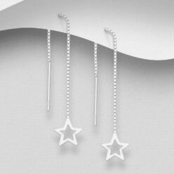 Sterling silver open star threader earrings (9mm x 73mm), on a grey display card