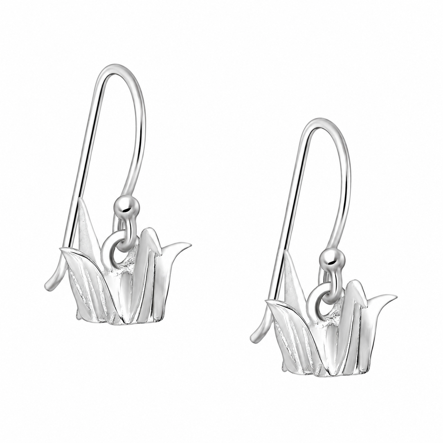 Sterling silver origami bird earrings, on a white background