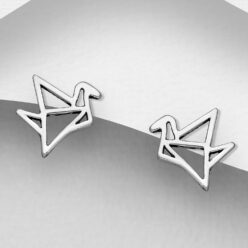 Sterling silver origami bird stud earrings, on a grey display card