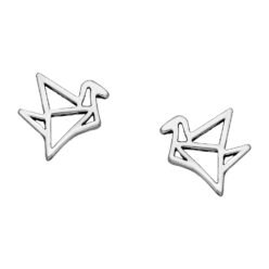 Sterling silver origami bird stud earrings, on a white background