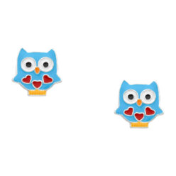 Sterling silver blue enamel owl stud earrings with red heart details on a white background