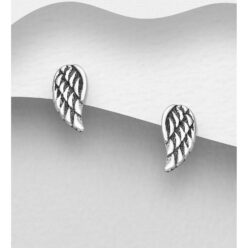 Sterling silver oxidised angel wing stud earrings, on a grey display card