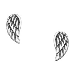 Sterling silver oxidised angel wing stud earrings, on a white background