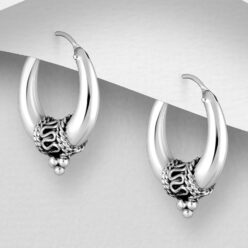 Sterling silver oxidised Bali hoop earrings, on a grey display card