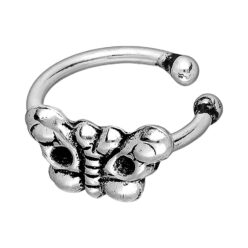 Single sterling silver oxidised butterfly ear cuff on a white background