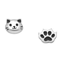 Sterling silver Oxidised Cat and Paw Stud Earrings, on a white background
