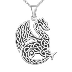 Sterling silver oxidised Celtic dragon pendant shown on a chain against a white background
