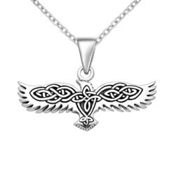Sterling silver oxidised Celtic eagle pendant shown on a chain against a white background