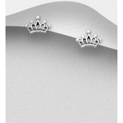 Sterling silver Oxidised Crown Stud Earrings, on a grey display card