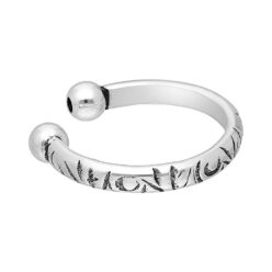Single sterling silver oxidised ear cuff with engraved detail and rounded ends on a white background