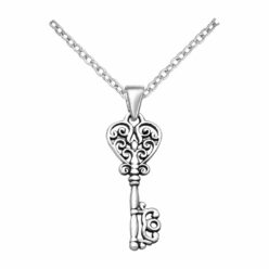 Sterling silver oxidised key pendant shown on a chain against a white background