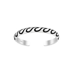Sterling silver oxidised wave pattern adjustable toe ring, on a white background