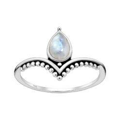 Sterling silver oxidized droplet chevron ring with rainbow moonstone, on a white background