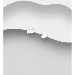Sterling silver pac-man and ghost stud earrings, on a grey display card