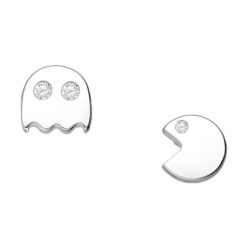 Sterling silver pac-man and ghost stud earrings, on a white background