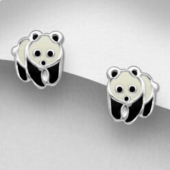 Sterling silver panda stud earrings with black and cream enamel on a grey display card