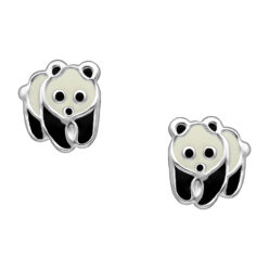 Sterling silver panda stud earrings with black and cream enamel on a white background