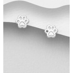 Sterling silver paw print stud earrings, on a grey display card