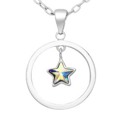 Sterling silver circle pendant with an iridescent crystal star, shown on a chain against a white background