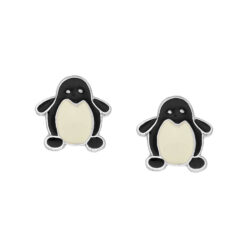 Sterling silver penguin stud earrings with black/white enamel, on a white background