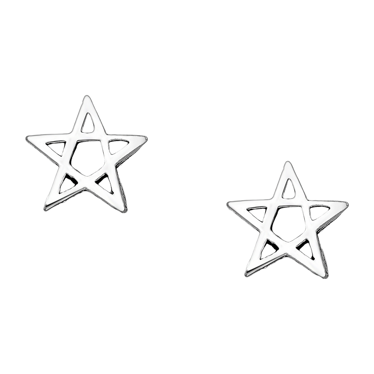 Sterling silver pentagram stud earrings, on a white background