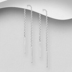 Sterling silver plain threader earrings, on a grey display card