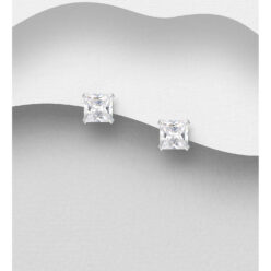 Sterling silver princess cut Cubic Zirconia stud earrings, on a grey display card