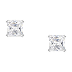 Sterling silver princess cut Cubic Zirconia stud earrings, on a white background