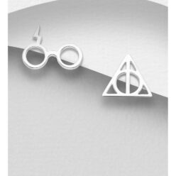Sterling silver quirky glasses + geo mismatch stud earrings, on a grey display card