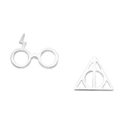 Sterling silver quirky glasses + geo mismatch stud earrings, on a white background
