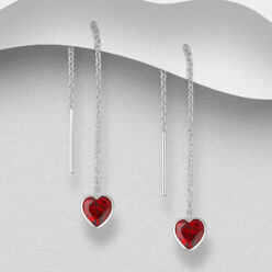 Sterling silver red cubic zirconia heart threader earrings, on a grey display card