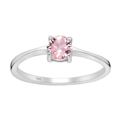 Sterling silver solitaire ring with a round pink Austrian crystal on a white background