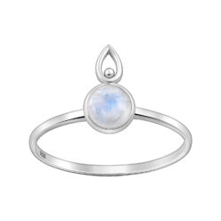 Sterling silver ring with central rainbow moonstone, on a white background