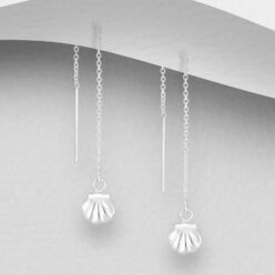 Sterling silver shell threader earrings, on a grey display card