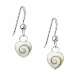 Sterling silver shiva shell heart earrings, on a white background